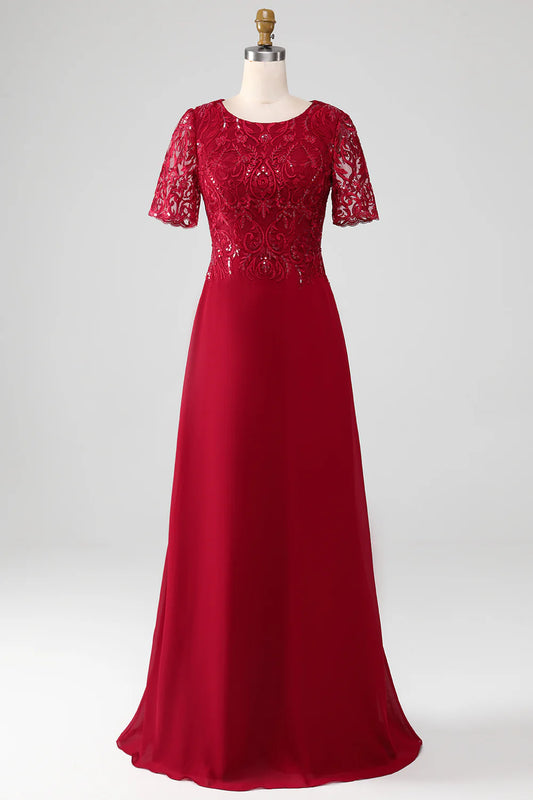 DingJiDress Elegant Fall Wedding Guest Dress November Sparkly Burgundy A Line Round Neck Sequin Mother of Bride Dress with Appliques