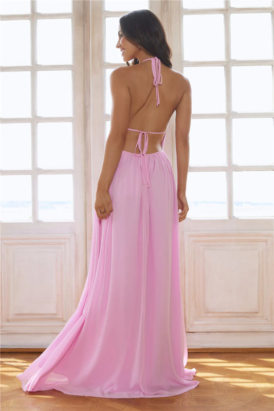 Casual Fashion A-line Halter Pleated Tie Open Back Pink Floor Length Prom Dress