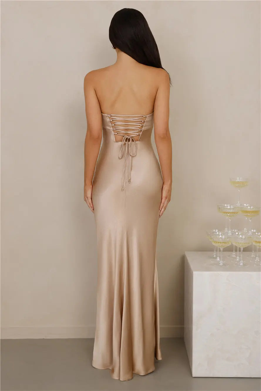 Casual Simple Sheath Strapless Pleated Satin Champagne Maxi Evening Dress