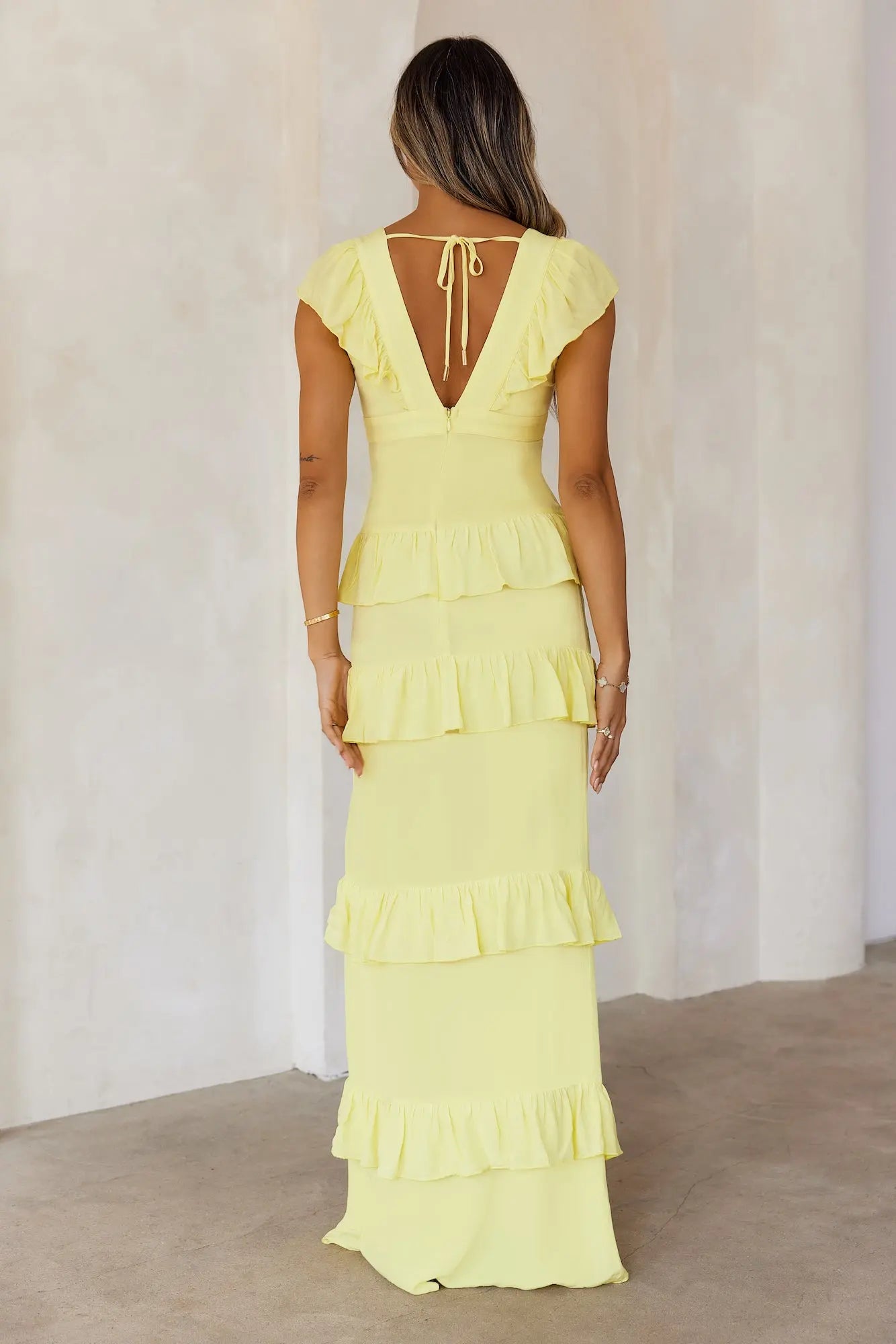 Casual Slim-fit V Neck Ruffle Yellow Floor Length Prom Dress With Slit