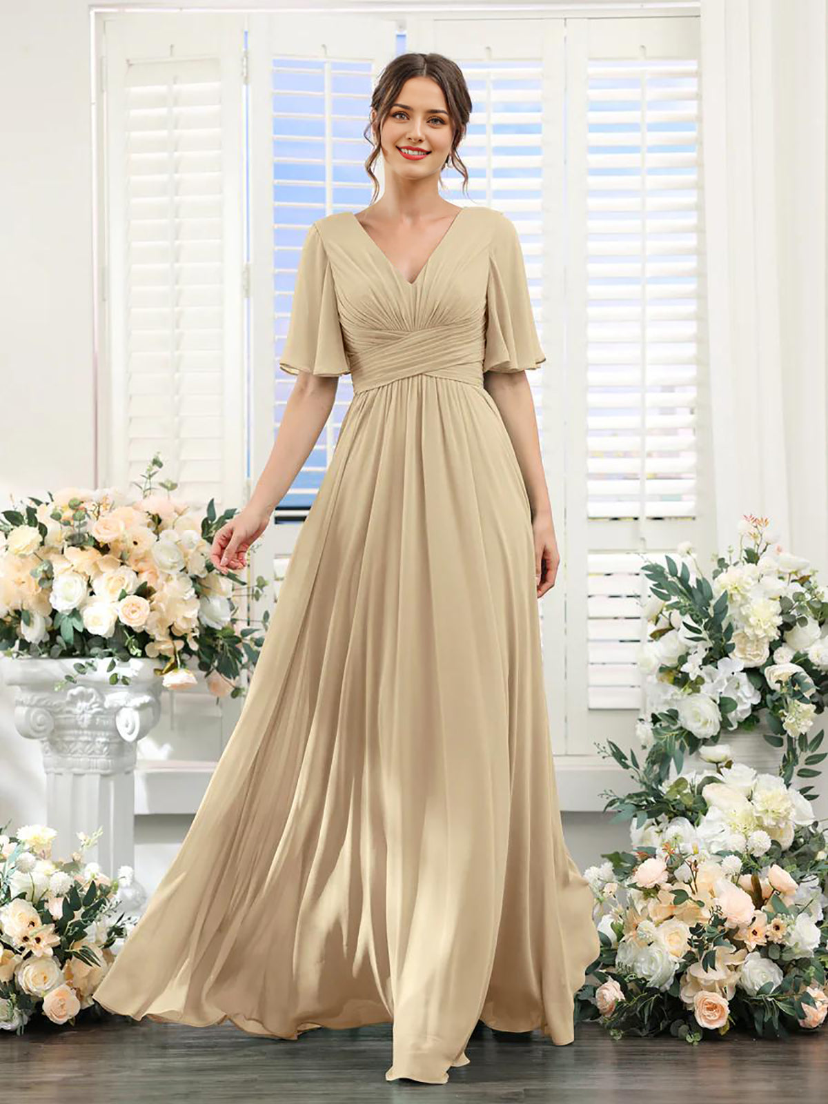 DingJiDress A-Line Bridesmaid Dress V-Neck Sleeve for Wedding Guest Long Formal Party Dresses with Slit