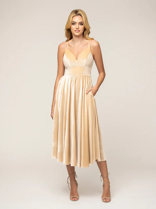 DingJiDress Spaghetti Strap A Line Tea Length Velvet Dress Bridesmaid Dresses