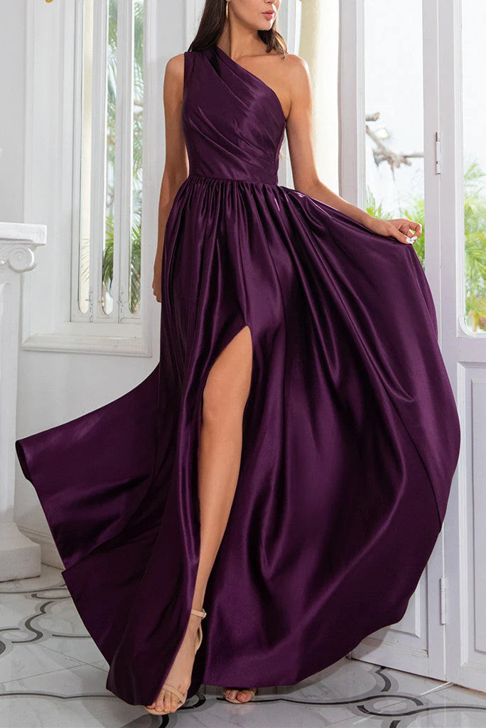 Prom Dresses A-Line Satin One Shoulder With Side Split