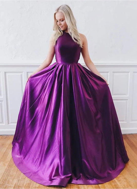 DingJiDress Prom Dresses Backless Sleeveless A Line High Neck Long Satin