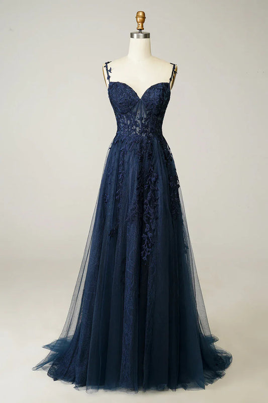 Charming A-Line Spaghetti Strap Lace Appliques Navy Floor Length Prom Dress