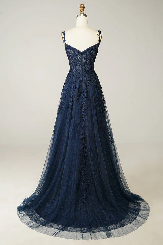 Charming A-Line Spaghetti Strap Lace Appliques Navy Floor Length Prom Dress