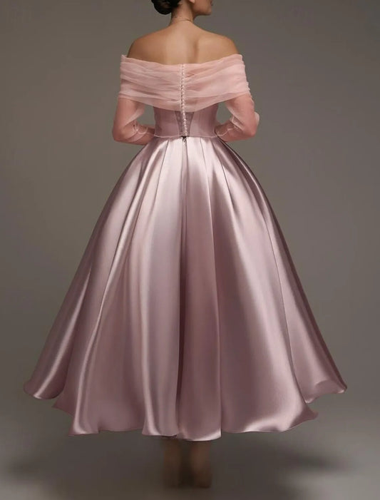 Charming Ball-Gown Off-Shoulder Long Sleeve Tulle Trim Dusty Pink Tea-Length Prom Dress For Women Ready To Ship