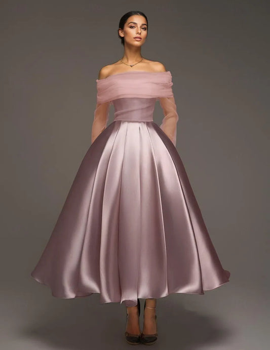 Charming Ball-Gown Off-Shoulder Long Sleeve Tulle Trim Dusty Pink Tea-Length Prom Dress For Women Ready To Ship