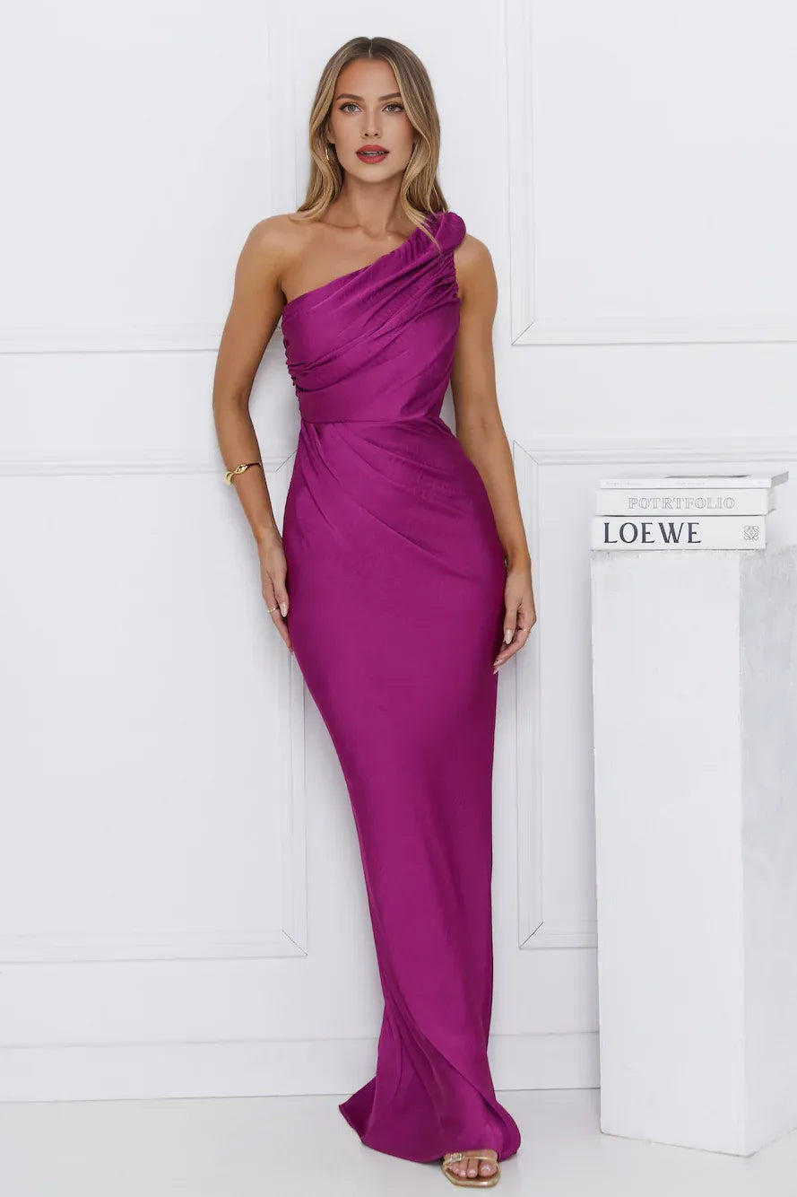 Charming Mermaid One Shoulder Pleated Satin Berry Maxi Prom Dress Custom