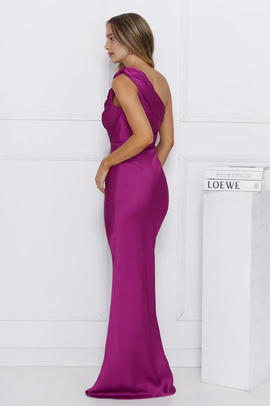 Charming Mermaid One Shoulder Pleated Satin Berry Maxi Prom Dress Custom