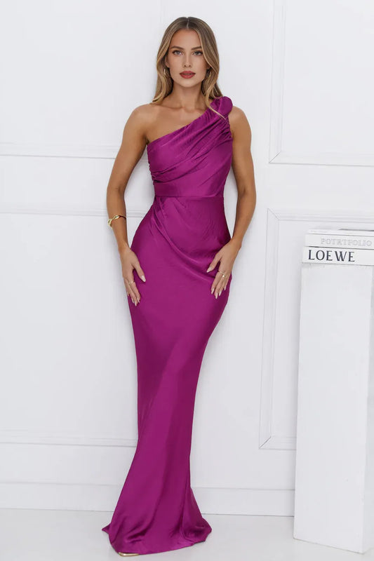 Charming Mermaid One Shoulder Pleated Satin Berry Maxi Prom Dress Custom