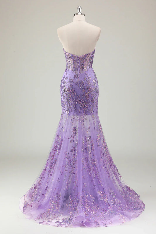 Charming Mermaid Strapless Corset Sequins Appliques Lavender Maxi Prom Dress