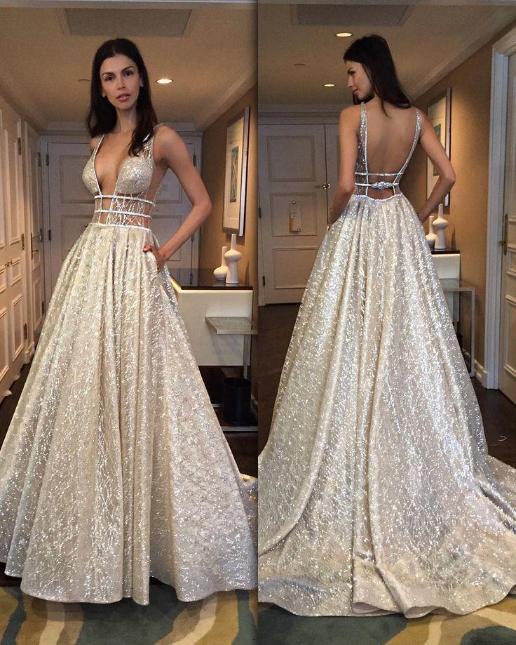 DingJiDress Prom Dresses Sparkly Deep V Neck Straps Wedding Dress Sequin