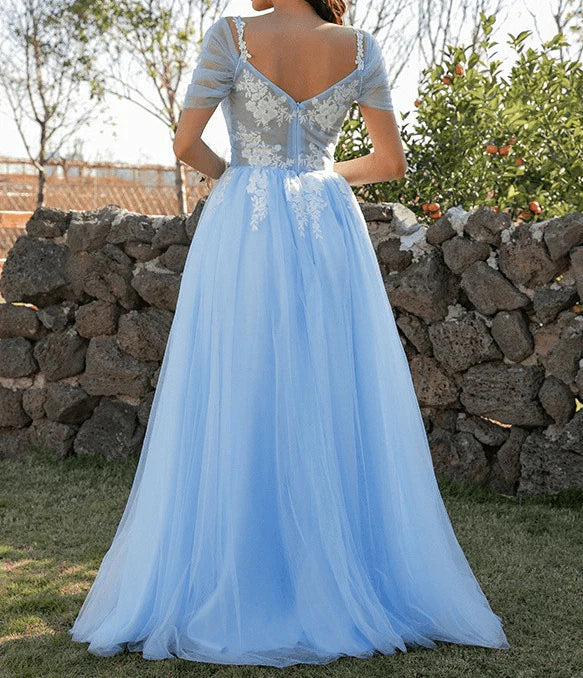 DingJiDress Prom Dress Chic Tulle A Line Off The Shoulder With Appliques, Slit Evening Dress