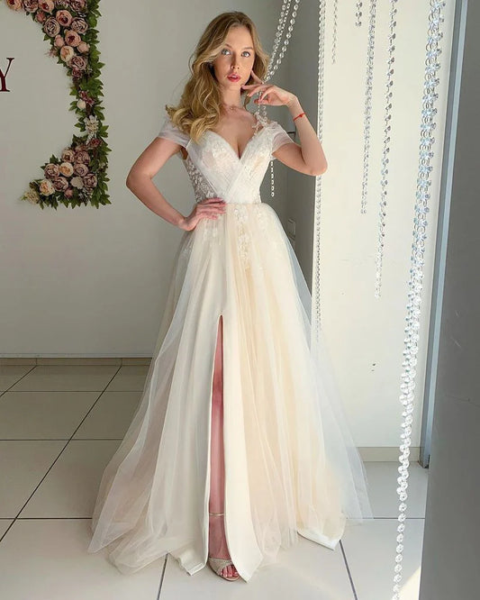DingJiDress Prom Dress Chic Tulle A Line Off The Shoulder With Appliques, Slit Evening Dress