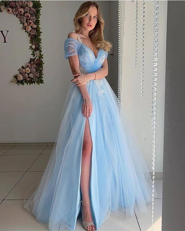 DingJiDress Prom Dress Chic Tulle A Line Off The Shoulder With Appliques, Slit Evening Dress