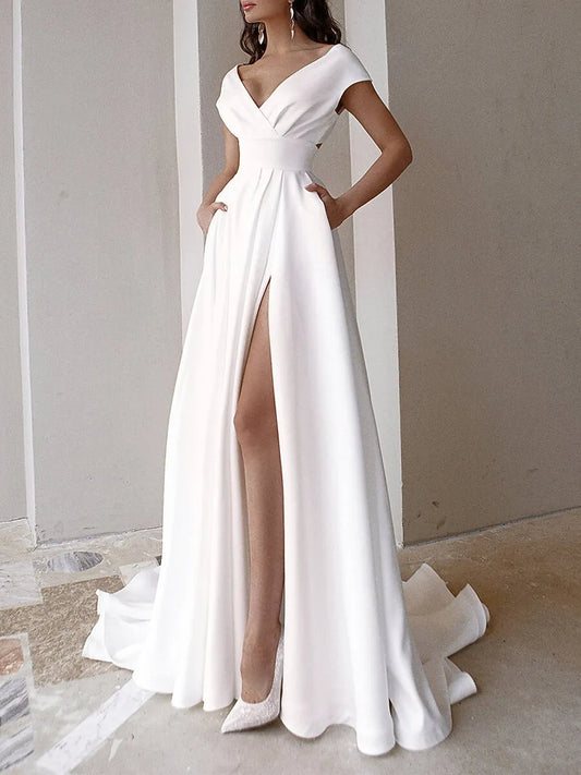 Chic A-Line V-Neck Cap Sleeve Cutout Slit White Train Prom Dress With Pocket For Lady