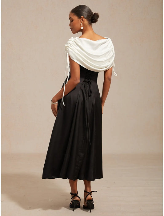 Chic A-Line Off-Shoulder Sleeveless Draped Black White Midi Prom Dress for Women Ready to Ship