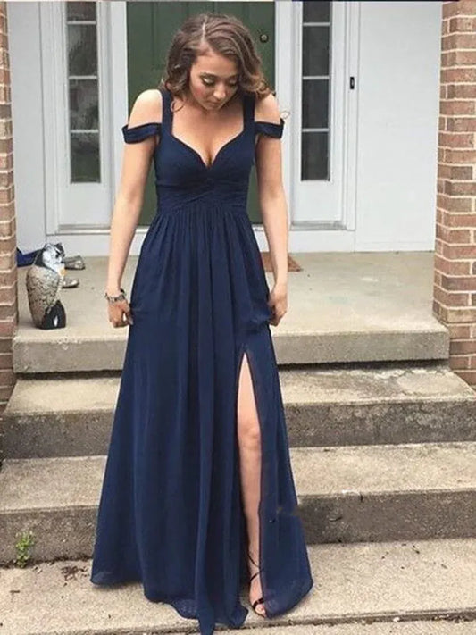 Chic A Line Off Shoulder Ruched Chiffon Navy Blue Floor Length Prom Dress