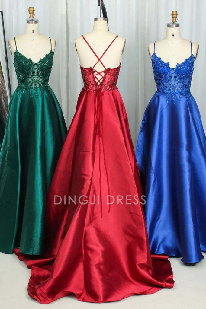 DingJiDress Formal Dress Chic Satin A-Line V-Neck Spaghetti Strap Sleeveless Appliques Backless Party Exquisite Prom Dress