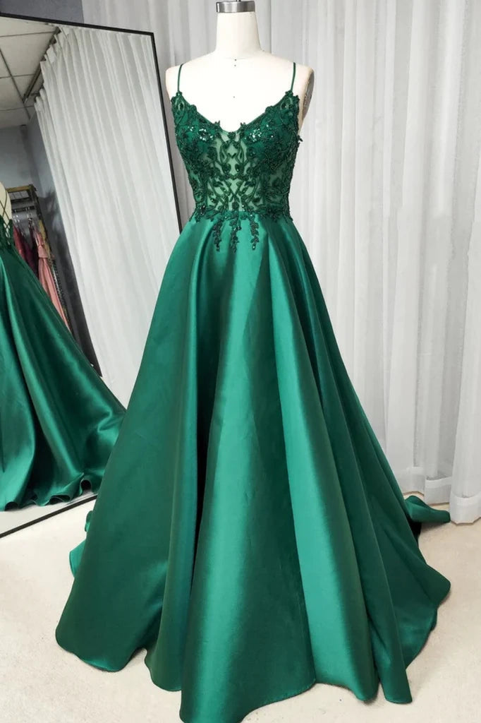 DingJiDress Formal Dress Chic Satin A-Line V-Neck Spaghetti Strap Sleeveless Appliques Backless Party Exquisite Prom Dress
