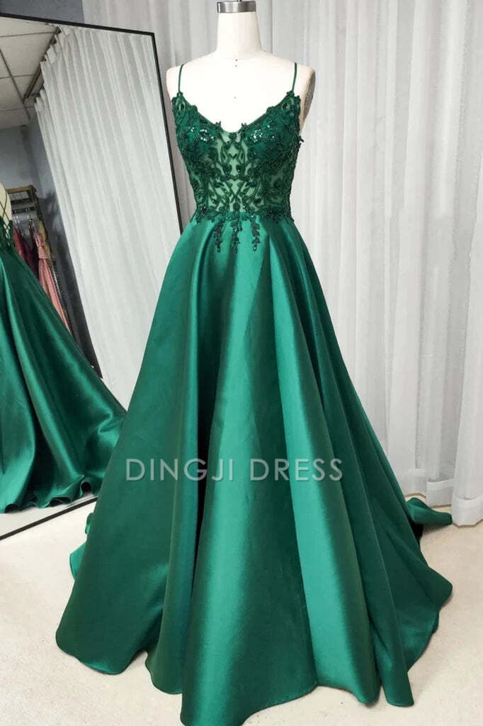 DingJiDress Formal Dress Chic Satin A-Line V-Neck Spaghetti Strap Sleeveless Appliques Backless Party Exquisite Prom Dress