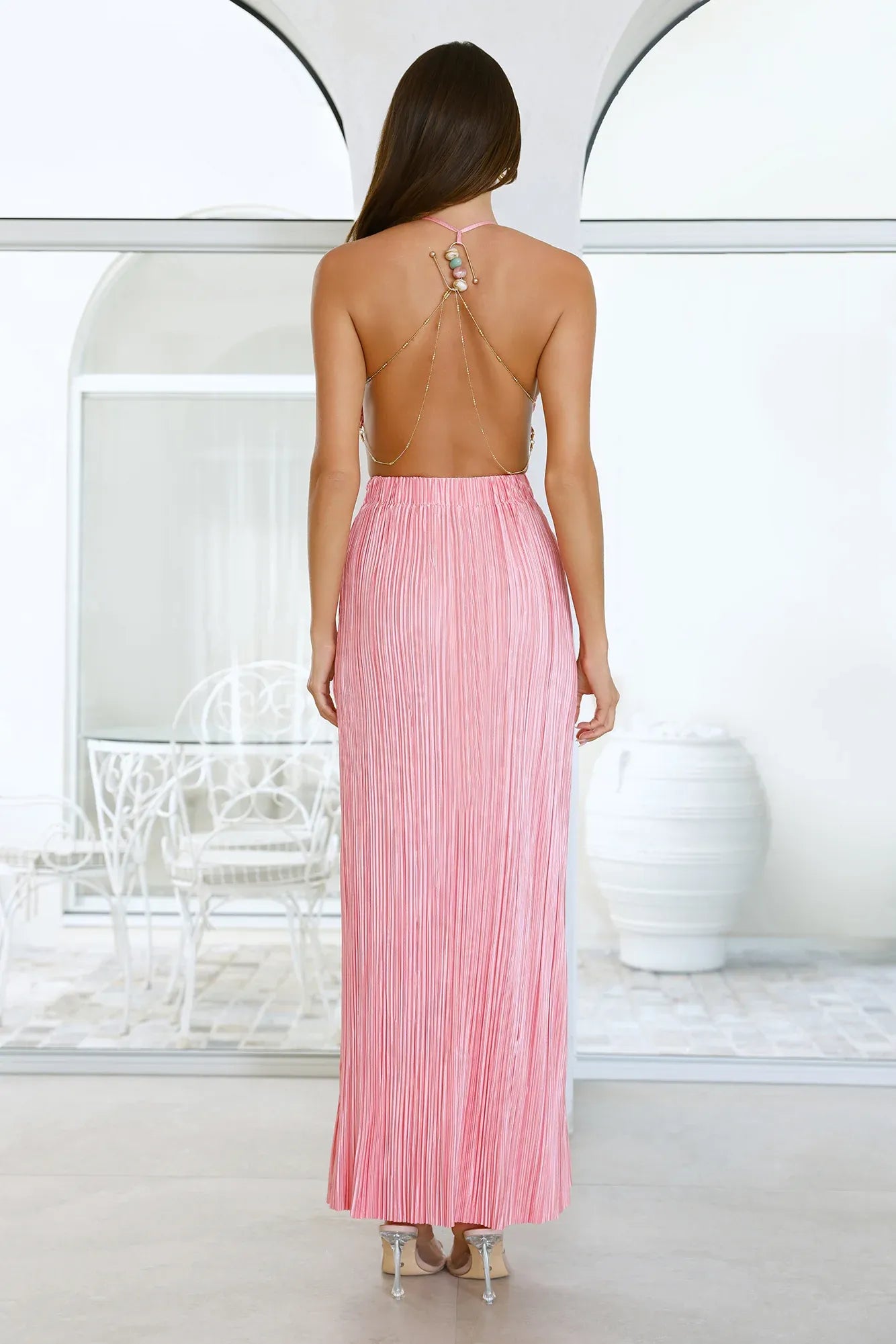 Chic Sheath Halter Neck Sleeveless Pleated Chiffon Pink Maxi Evening Dress