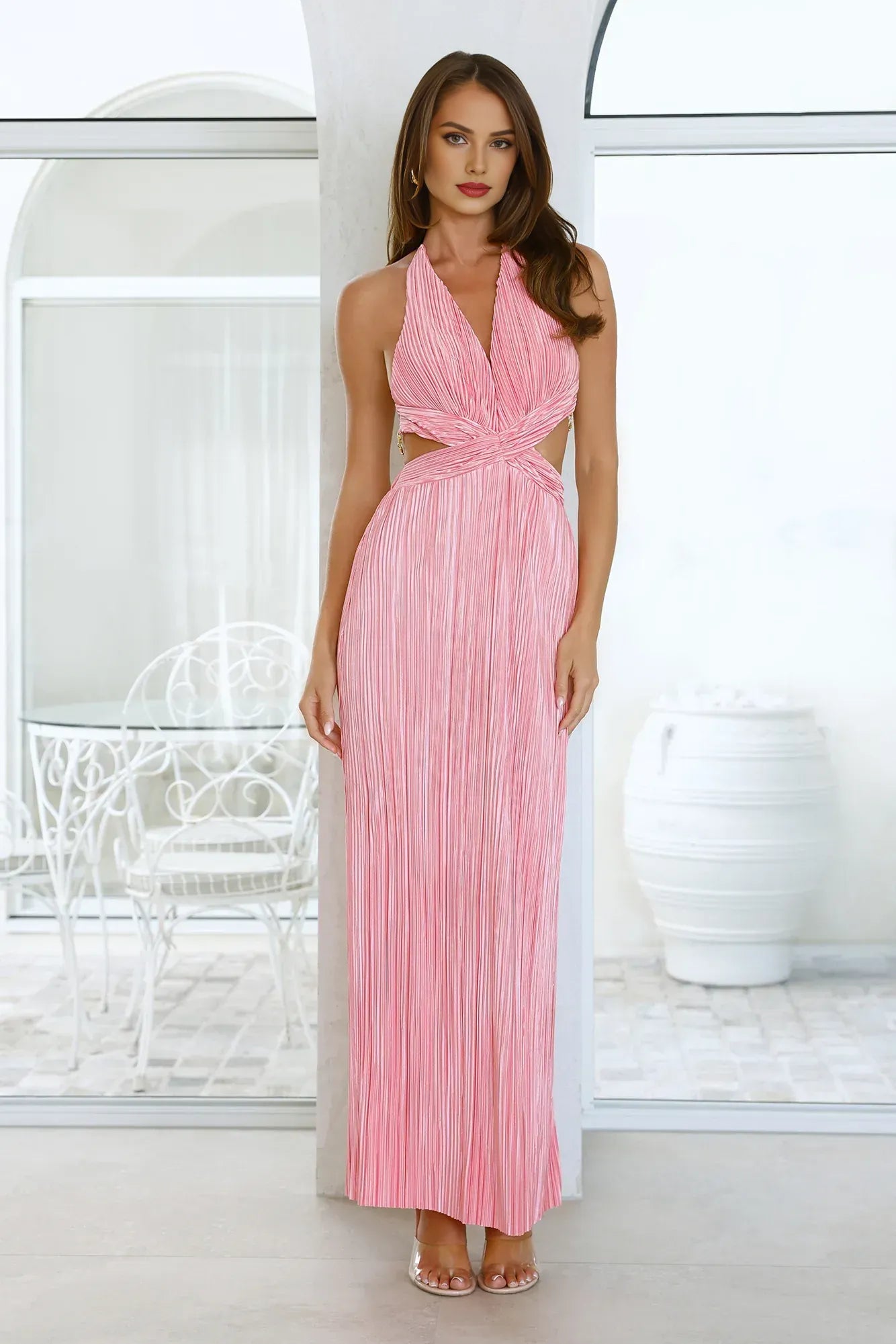 Chic Sheath Halter Neck Sleeveless Pleated Chiffon Pink Maxi Evening Dress