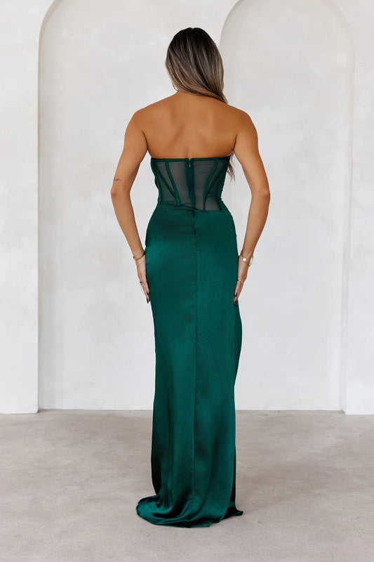 Chic Sheath Strapless Corset Sheer Satin Green Maxi Prom Dress With Slit Custom
