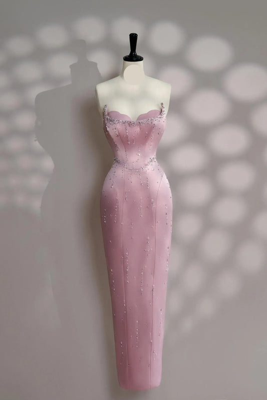 Chic Sheath Sweetheart Strapless Beaded Pink Midi-Length Evening Dress For Women Ready To Ship