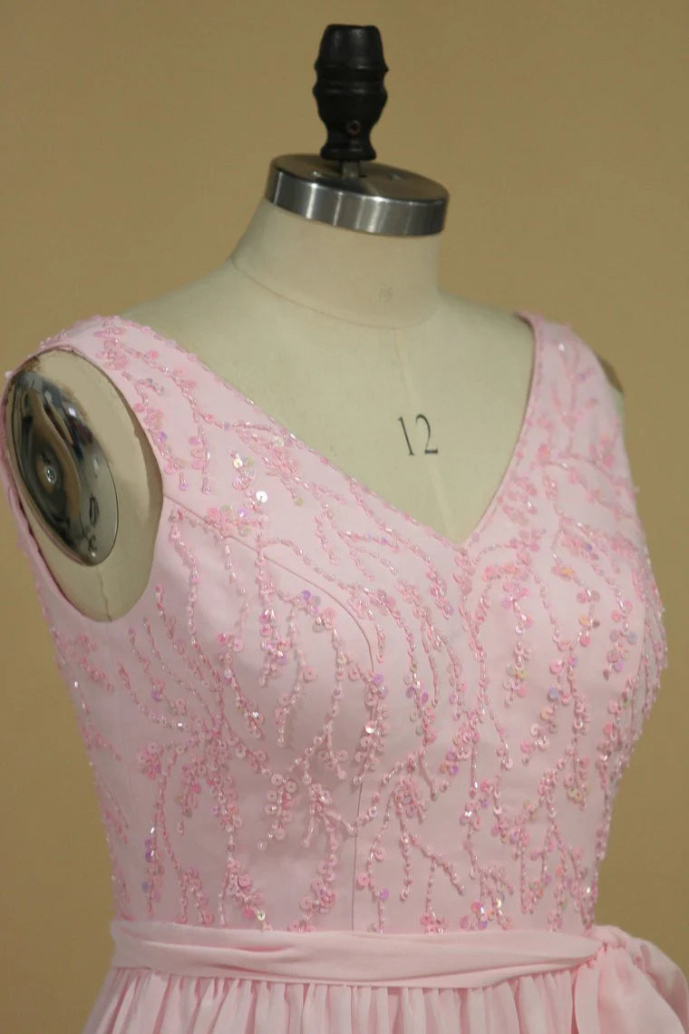 DingJiDress Beaded Bodice Chiffon Floor Length A Line V Neck Bridesmaid Dresses