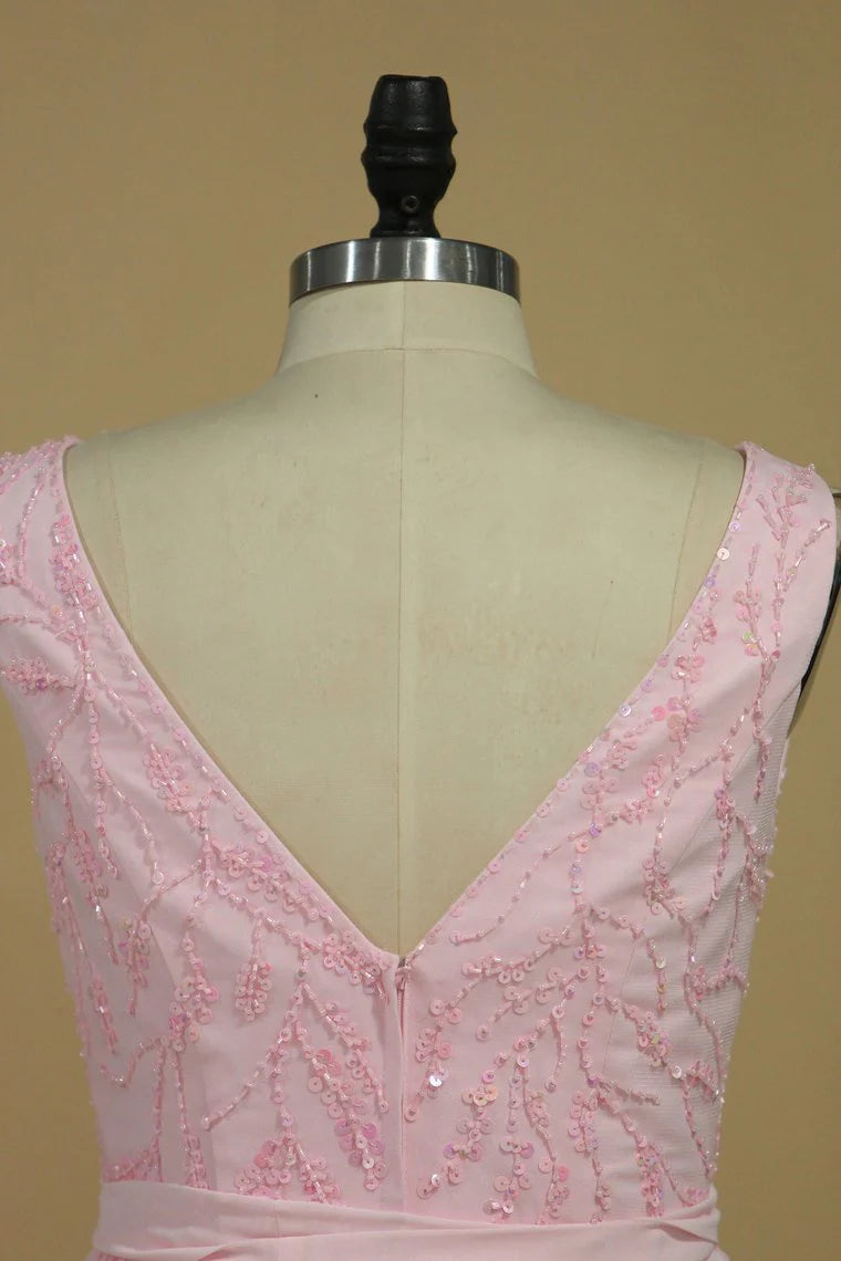 DingJiDress Beaded Bodice Chiffon Floor Length A Line V Neck Bridesmaid Dresses