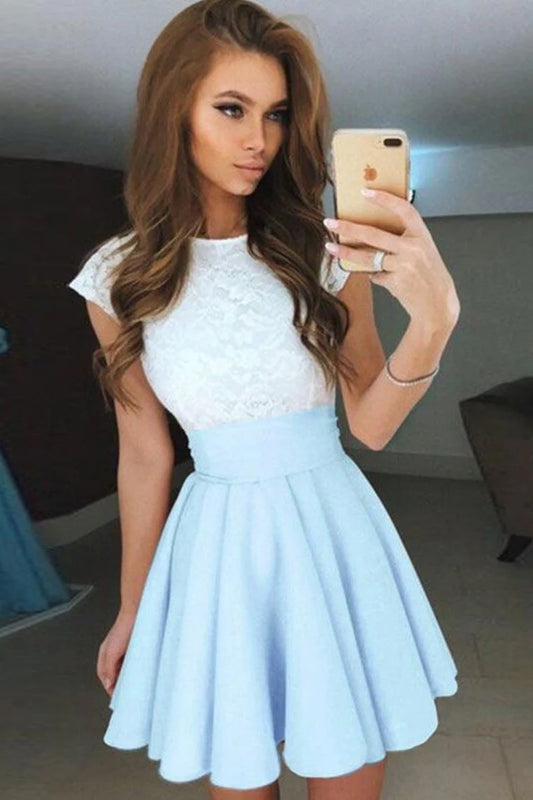 DingJiDress A Line Cocktail Dresses Chiffon Lace Scoop Short/Mini Zipper Up