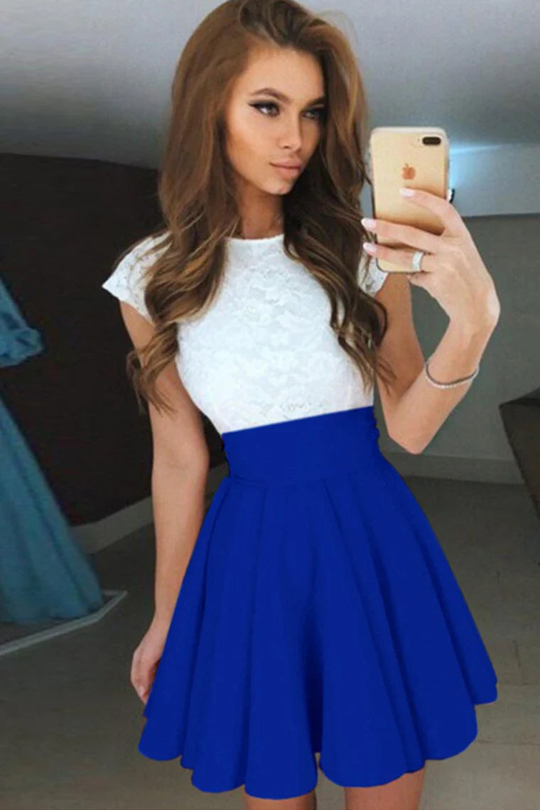 DingJiDress A Line Cocktail Dresses Chiffon Lace Scoop Short/Mini Zipper Up