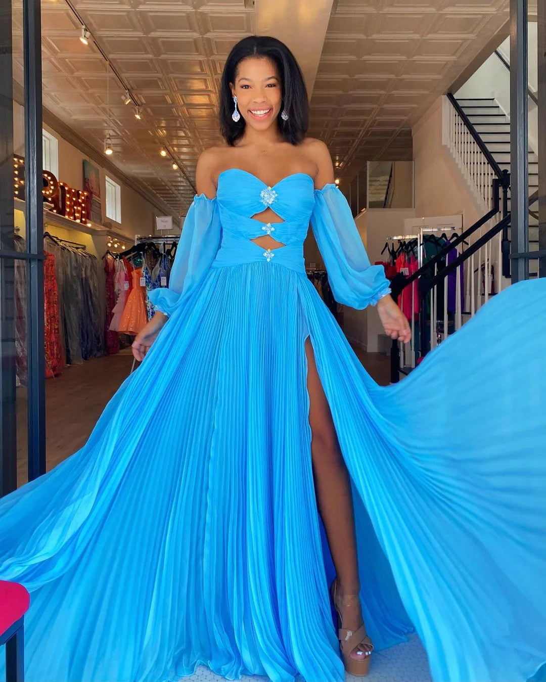 DingJiDress A Line Sweetheart Chiffon Prom Dresses with slit beades Charming