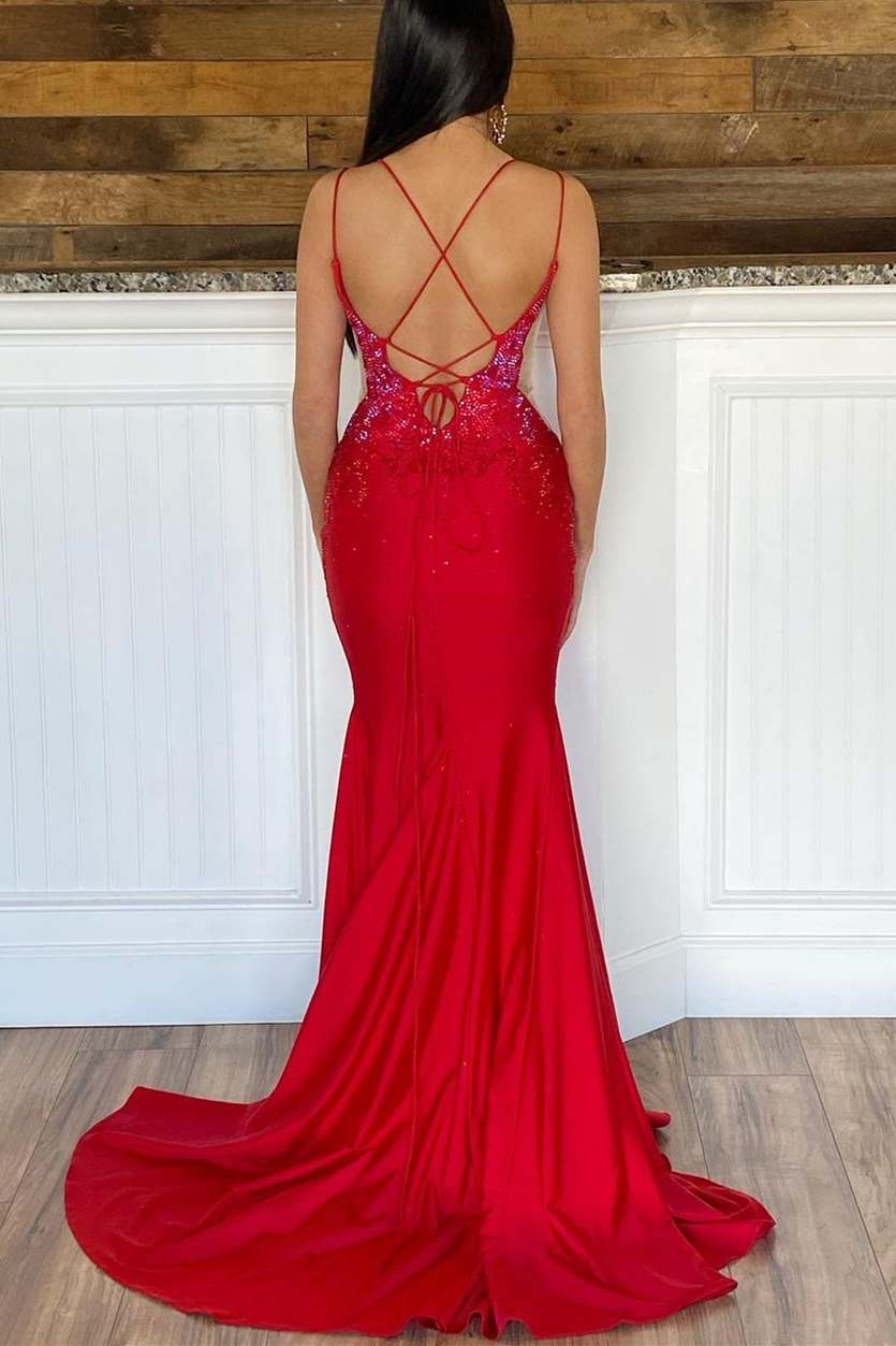DingJiDress Long Prom Dress Classic Spandex Mermaid Spaghetti Straps Beaded with Slit