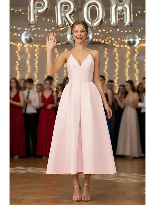 Classic A-Line Spaghetti Strap Pleated Satin Blush Tea Length Prom Dress