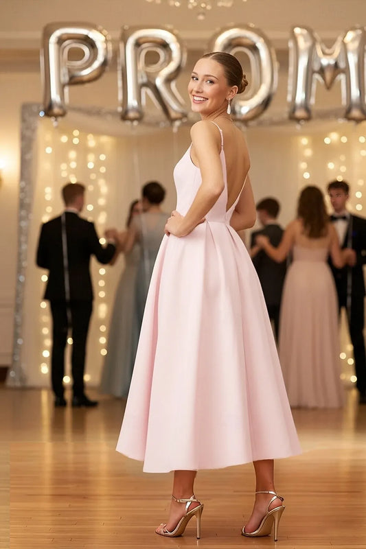 Classic A-Line Spaghetti Strap Pleated Satin Blush Tea Length Prom Dress