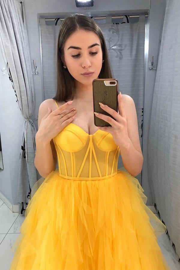 DingJiDress Prom Dresses Custom Made Yellow Spaghetti Straps Sleeveless Backless Sweetheart