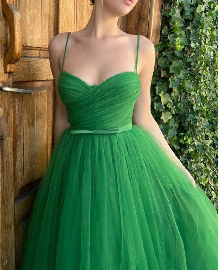 DingJiDress Prom Dress Cute Green Straps Tulle With Sash