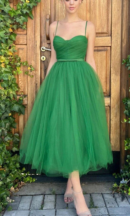 DingJiDress Prom Dress Cute Green Straps Tulle With Sash