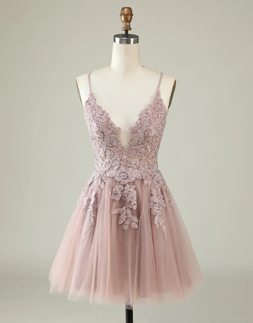 DingJiDress Cute Spaghetti Straps Corset Back Blush Tulle Dress With Appliques