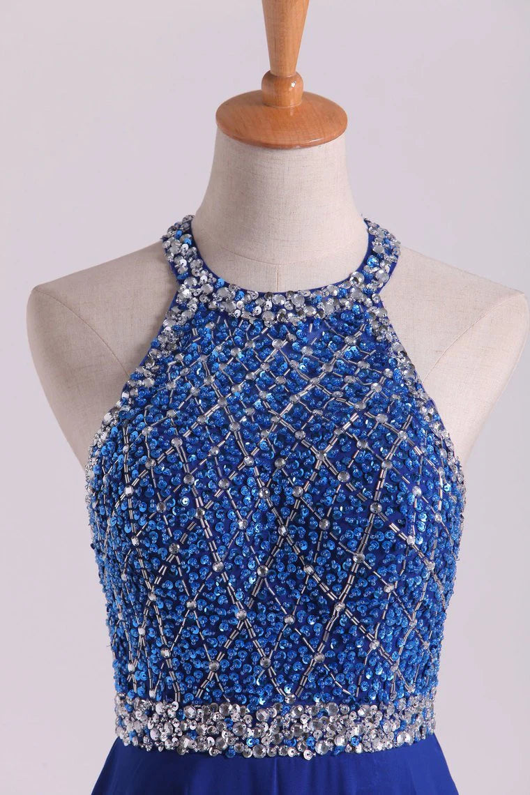 DingJiDress A Line Prom Dresses Dark Royal Blue Beaded Bodice Open Back Chiffon & Tulle