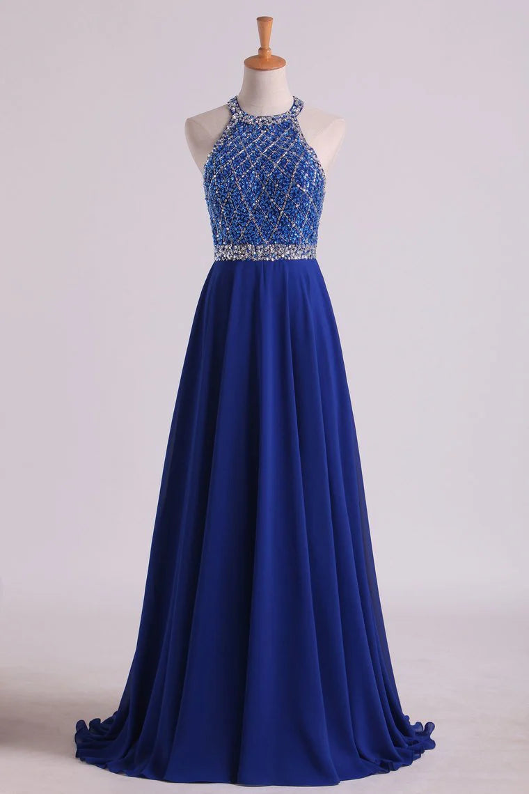 DingJiDress A Line Prom Dresses Dark Royal Blue Beaded Bodice Open Back Chiffon & Tulle
