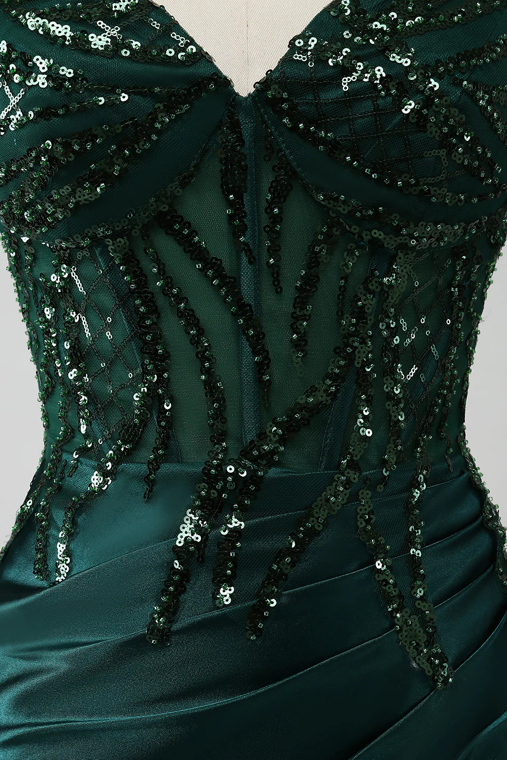 DingJiDress Sparkly Dark Green Mermaid Sequin Pleated Corset Prom Dress With Slit