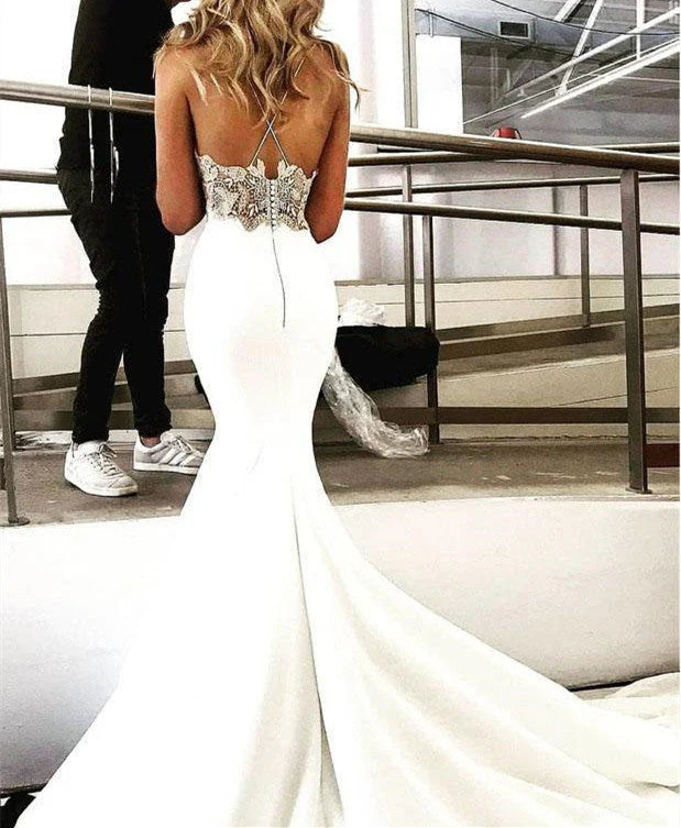 DingJiDress Wedding Dress Deep V Neck Straps Ivory Backless Mermaid Prom Dress