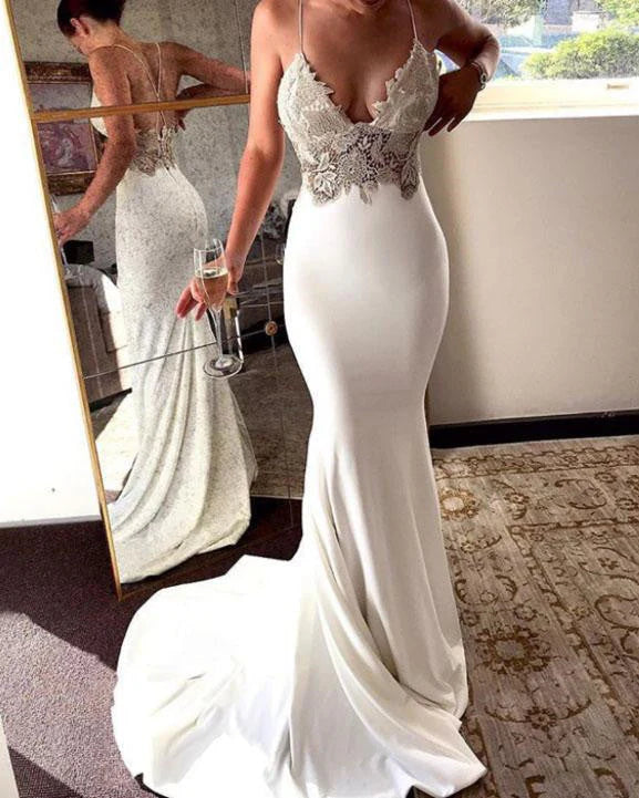 DingJiDress Wedding Dress Deep V Neck Straps Ivory Backless Mermaid Prom Dress