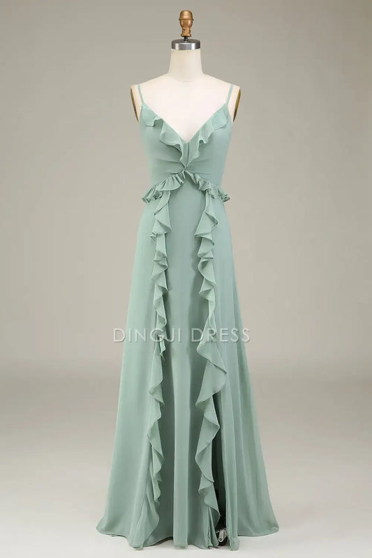 DingJiDress A-Line V-Neck Spaghetti Strap With Ruffles Elegant Party Dress Hot Sale Prom Dress