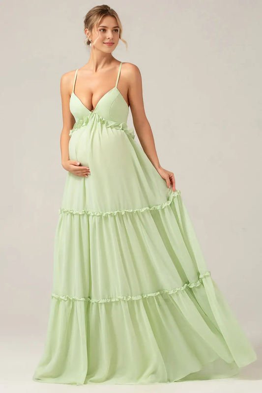 DingJiDress A Line Deep V Neck Layered Ruffles Backless With Lace-Up Fashion Long Maternity Party Dress Hot Sale Prom Dress