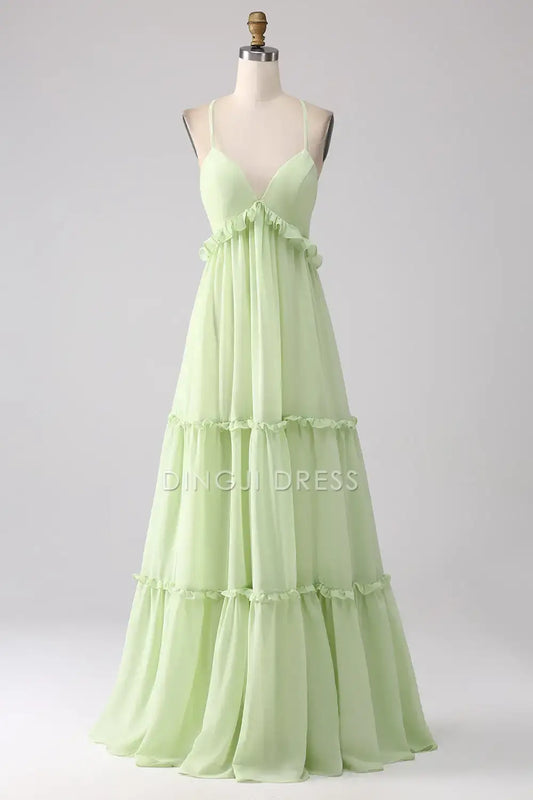 DingJiDress A Line Deep V Neck Spaghetti Straps Backless Layering Ruched Exquisite Party Dress Hot Sale Prom Dress
